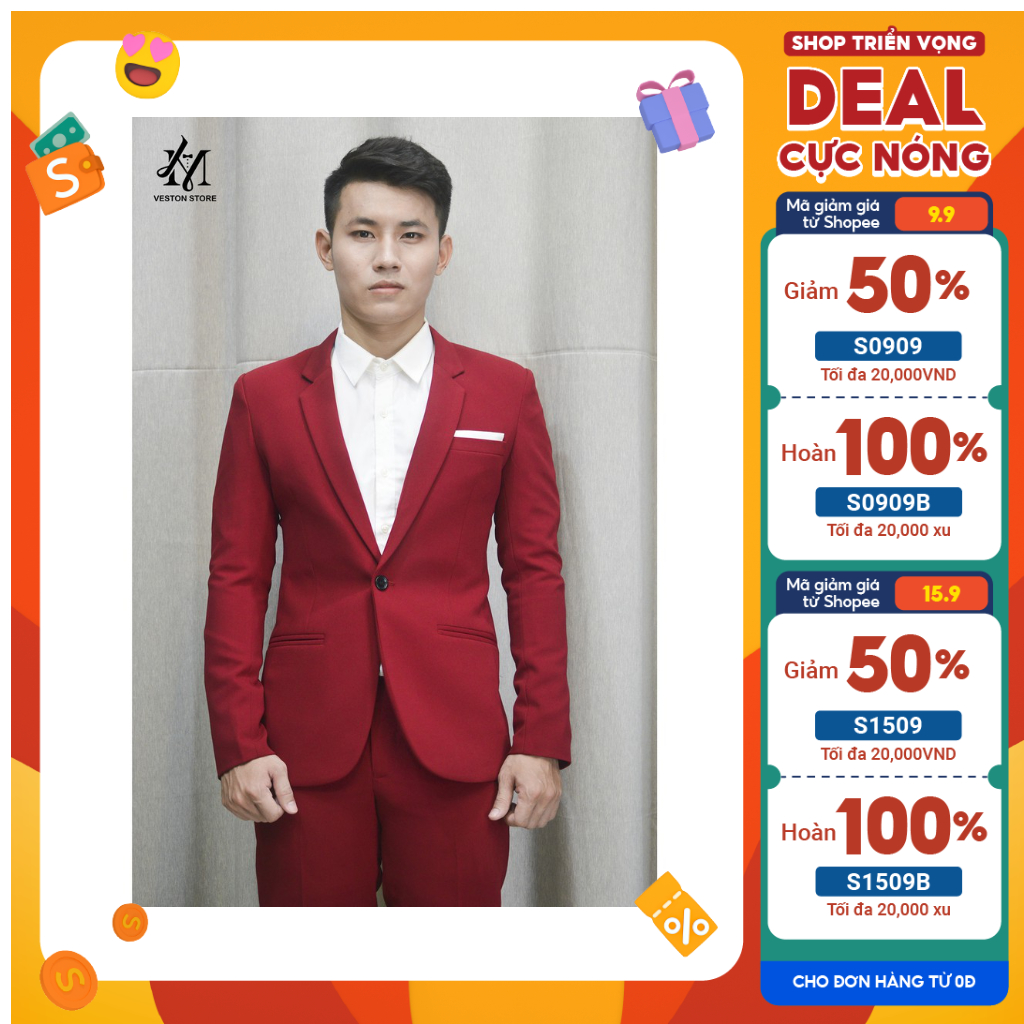 Bộ vest nam màu đỏ đô ôm body tặng cà vạt +nơ