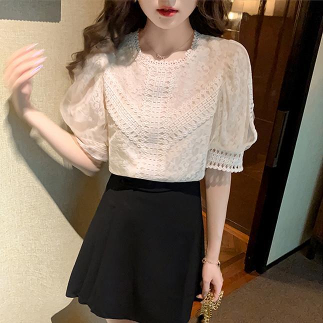 Áo Chiffon Tay Ngắn Phồng Phối Ren Phong Cách Hàn Quốc Mẫu Mới 2021 Thời Trang Mùa Hè Cho Nữ