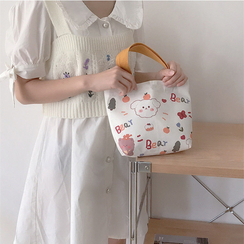 Túi Vải Canvas Đeo Chéo In Họa Tiết Gấu / Thỏ Dễ Thương Phong Cách Hàn Quốc Dành Cho Nữ