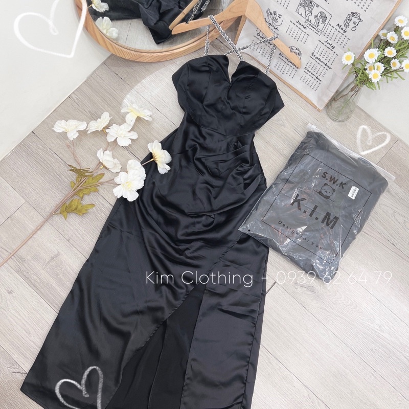 [Hàng sẵn - Hình thật] Đầm cổ yếm cúp ngực xẻ tà nhíu eo sang chảnh