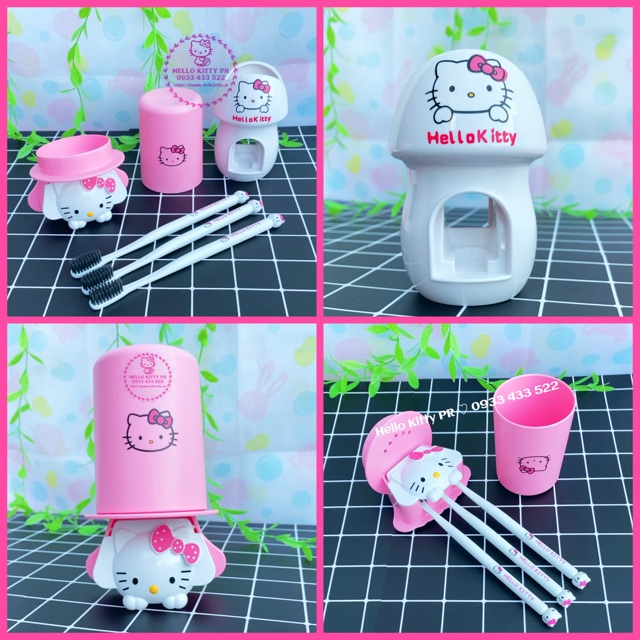 Giá treo bàn chải kèm ly và dụng cụ lấy kem tự động Hello Kitty