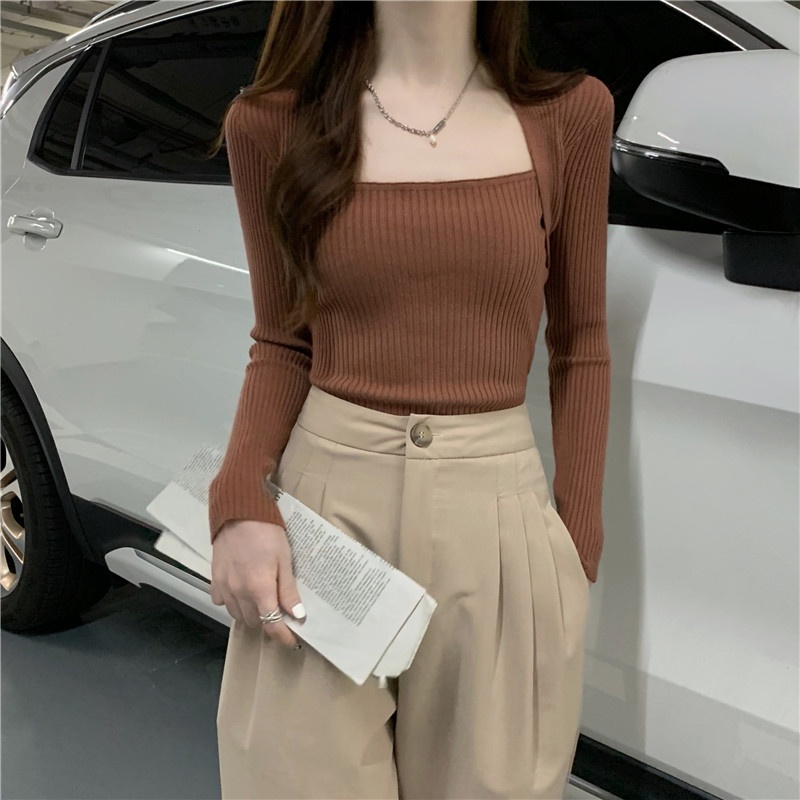 Áo dệt kim Pure Cube cho nữ tay dài màu trơn phong cách Hàn Quốc