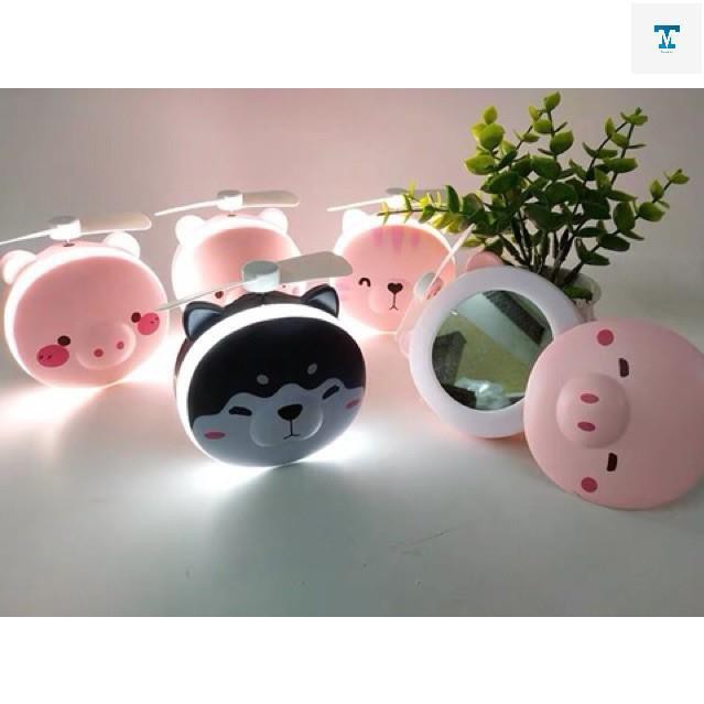 QUẠT TÍCH ĐIÊN MINI 3IN1 hình con heo | Quạt cầm tay đèn led gương