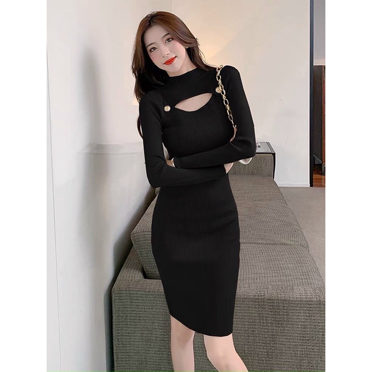 Đầm body khoét ngực vải co giãn 2 màu đen và nude mặc tôn da thích hợp đi dự tiệc đi dạo phố