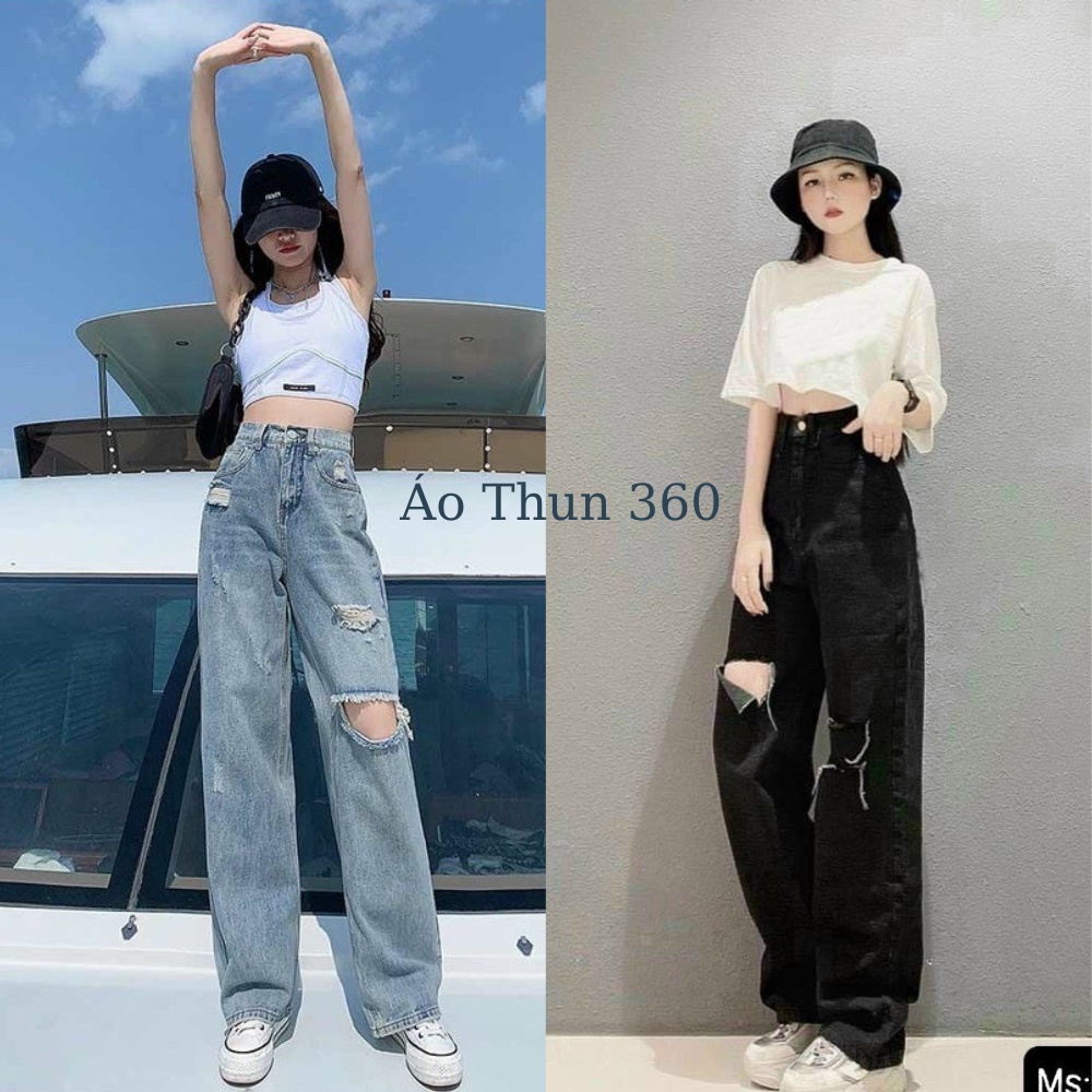 Quần Jean Nữ Ống Rộng Xanh Rách Gối Cạp Cao Dáng Suông Cực Hách Dáng QX3