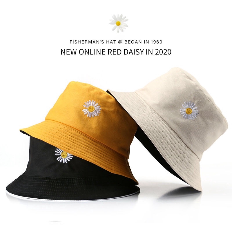 Mũ Bucket chống nắng thêu họa tiết hoa cúc hai mặt bằng cotton thời trang