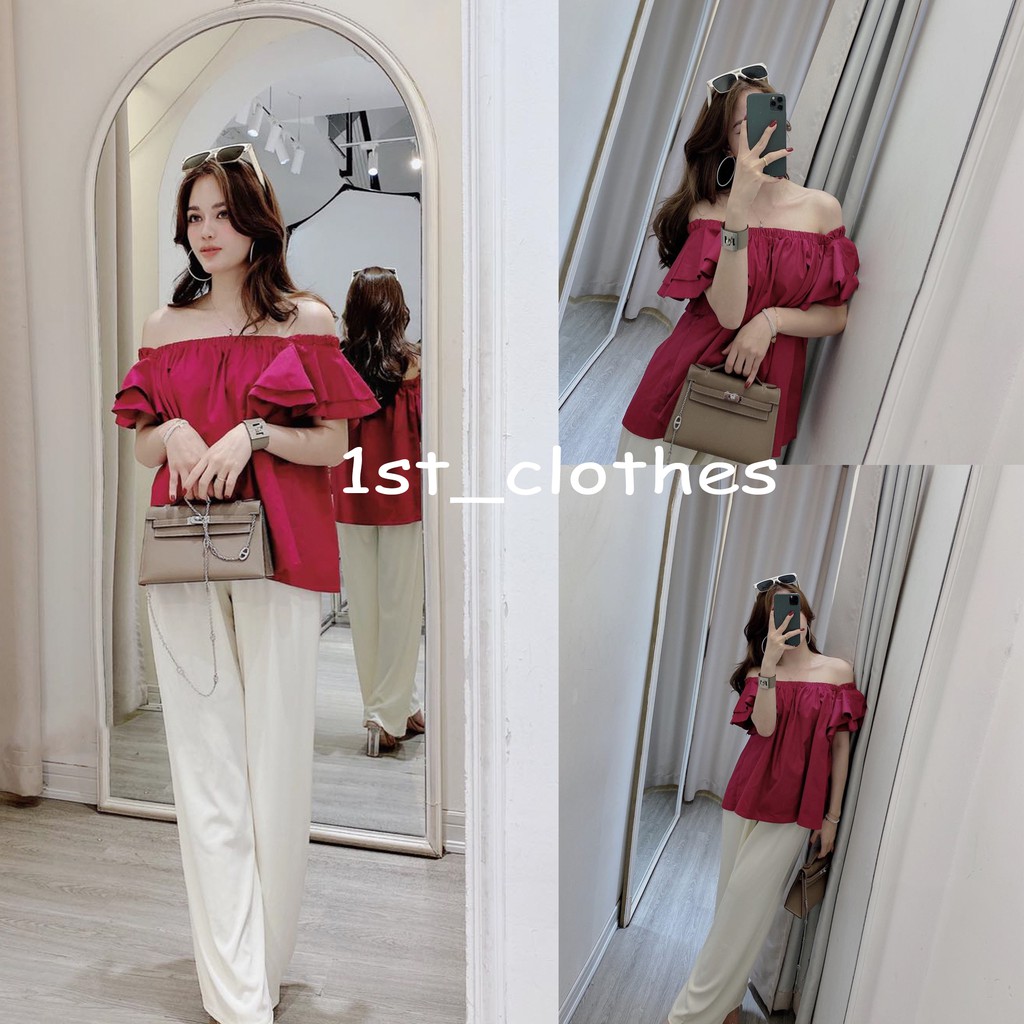 Set Áo Trễ Vai Hồng Cánh Sen Mix Quần Suông