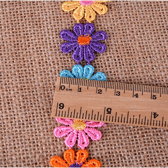 2.5cm ruy băng Ren dệt cotton 6 màu thêu hoa cúc hoa hướng dương 8 cánh , trang trí nhà cửa phụ kiện handmade.