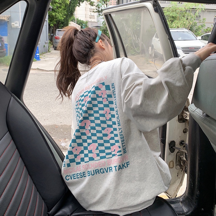 Áo sweater PEWARN cổ tròn tay dài dáng rộng in họa tiết caro màu tím phong cách Hàn Quốc thời trang mùa thu cho nữ