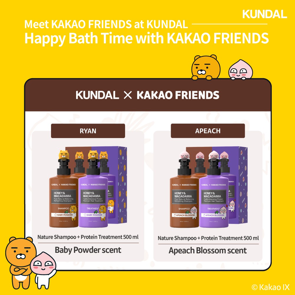 Bộ dầu gội và dầu xả KUNDAL chiết xuất thành phần tự nhiên in họa tiết KAKAO FRIENDS dễ thương dung tích 500ml