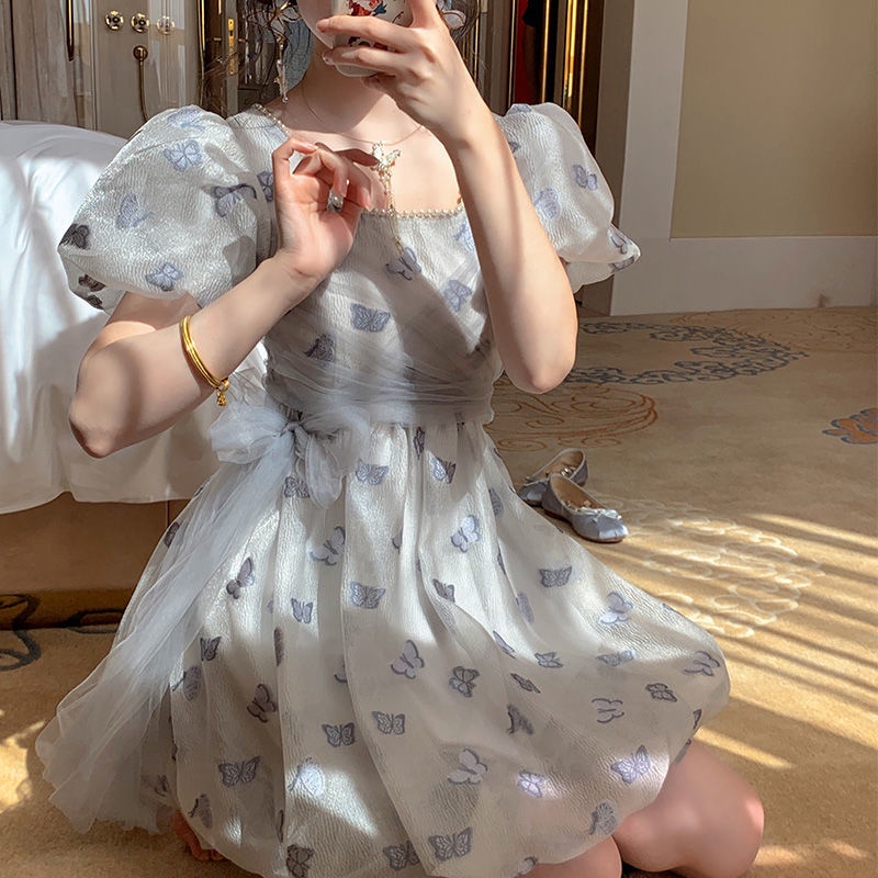 Đầm Công Chúa Tay Phồng Cổ Vuông Phối Lưới Đính Ngọc Trai Và Nơ Thời Trang Mùa Hè Phong Cách Pháp Mới Cho Nữ