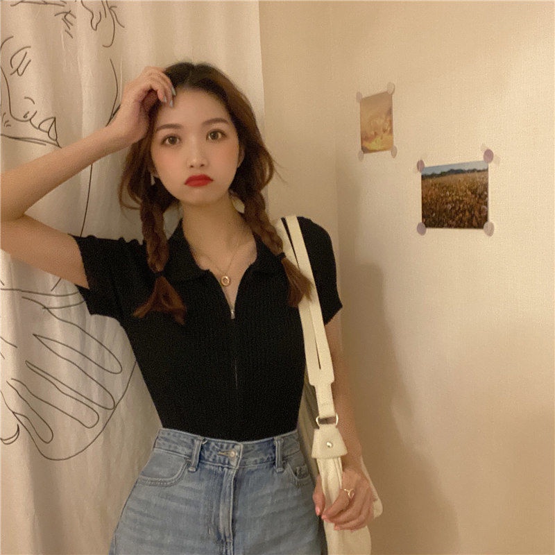 Áo Sweater Tay Ngắn Có Khóa Kéo Thiết Kế Mới Thời Trang Mùa Hè Theo Phong Cách Hàn Quốc Cho Nữ