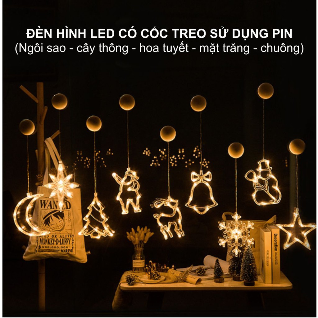 Đèn Hình Trang Trí Có Cốc Treo Sử Dụng Pin Tiểu - Hình Ngôi Sao, Cây Thông, Trái Tim, Hoa Tuyết, Mặt Trăng, Chuông...