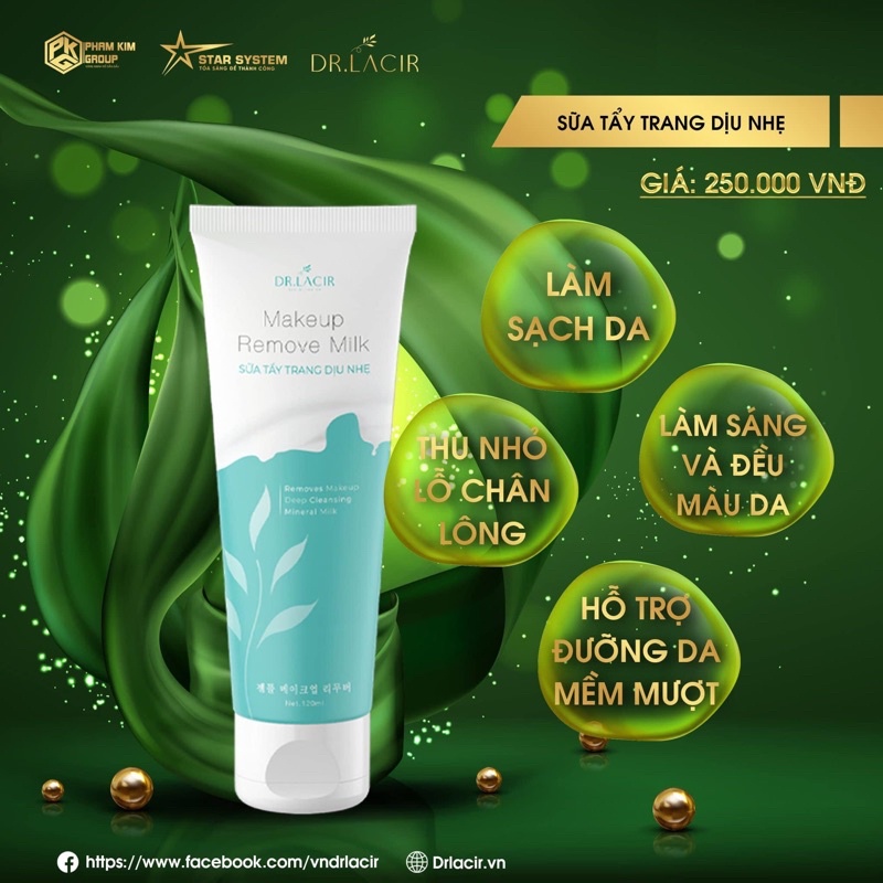 Sữa Tẩy Trang Dịu Nhẹ Drlacir,Hộp 120ml,Giúp làm sạch da,thải độc da,làm mềm mịn da,sữa tẩy trang,tẩy trang dịu nhẹ