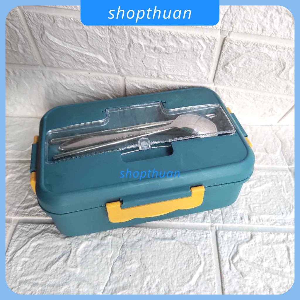 Hộp cơm 3 ngăn có nắp cài kèm muỗng đũa - size 20 x 14 x 7 cm