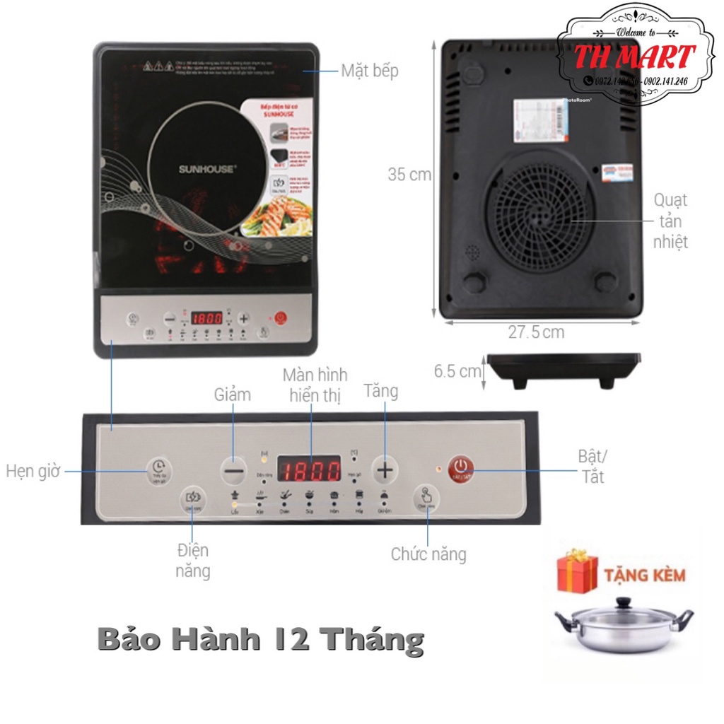 Bếp Từ Sunhouse SHD6149 Phím Bấm Cơ - Tặng Kèm Nổi Lẩu - Hàng Chính Hãng (Bảo Hành 12 Tháng)
