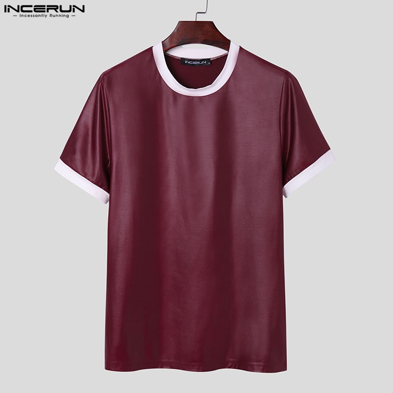 INCERUN Áo Thun Da Ngắn Tay Dáng Ôm Phối Màu Tương Phản Thời Trang Mùa Hè Cho Nam