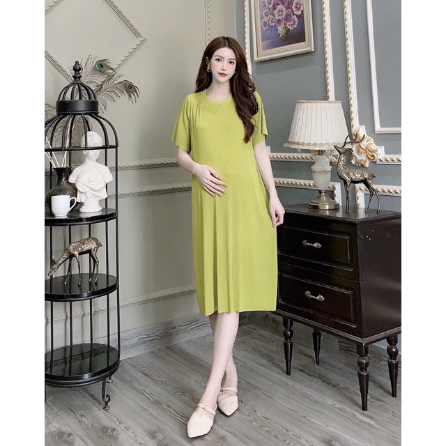 Đầm váy bầu hè thu cotton tăm cộc tay/ngắn tay váy xuông co giãn công sở đi chơi thiết kế cao cấp