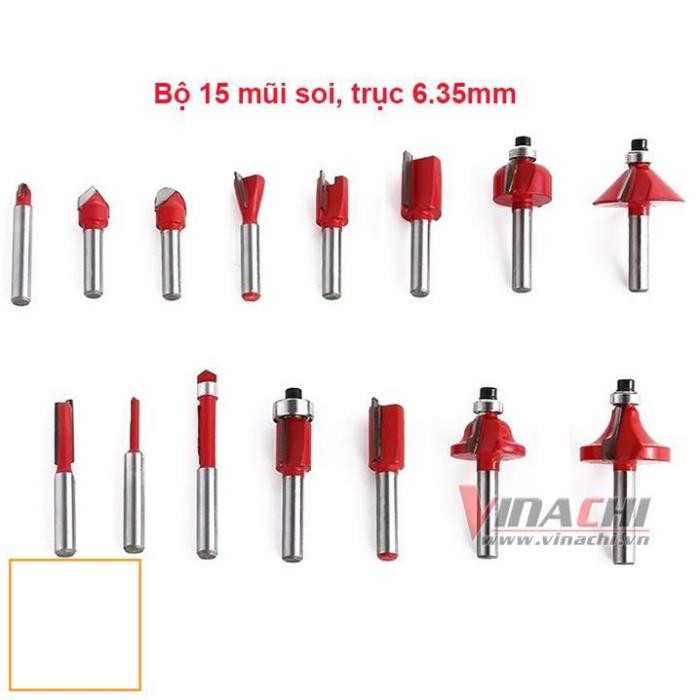 Bộ 15 Mũi Soi Cốt 6.35mm - Bộ 15 Mũi Soi Cốt điêu khắc họa tiết, cắt cạnh, tạo viền hoa văn đẹp mắt cho sản phẩm đồ gỗ