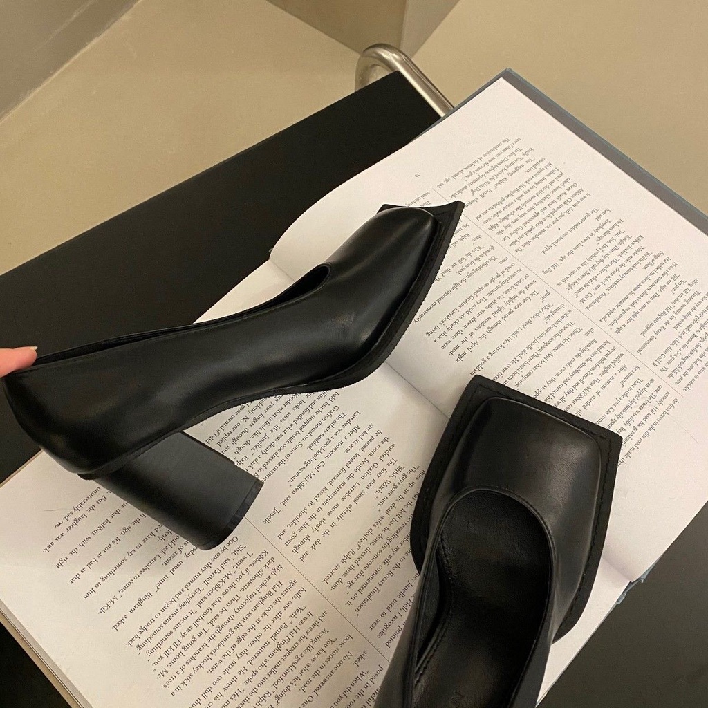 Giày cao gót mũi vuông màu đen phong cách retro 2022 thời thượng, guốc cao gót cao cấp