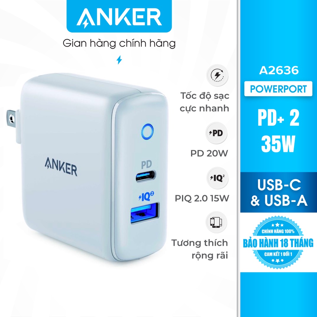 Sạc ANKER PowerPort PD+2 cổng 35w, 1 USB-C PD 20w, 1 PowerIQ 2.0 15w - A2636