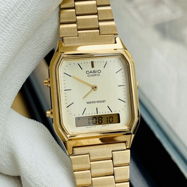 Đồng hồ Casio điện tử nam nữ AQ230 gold dây thép không gỉ mạ vàng sang trọng