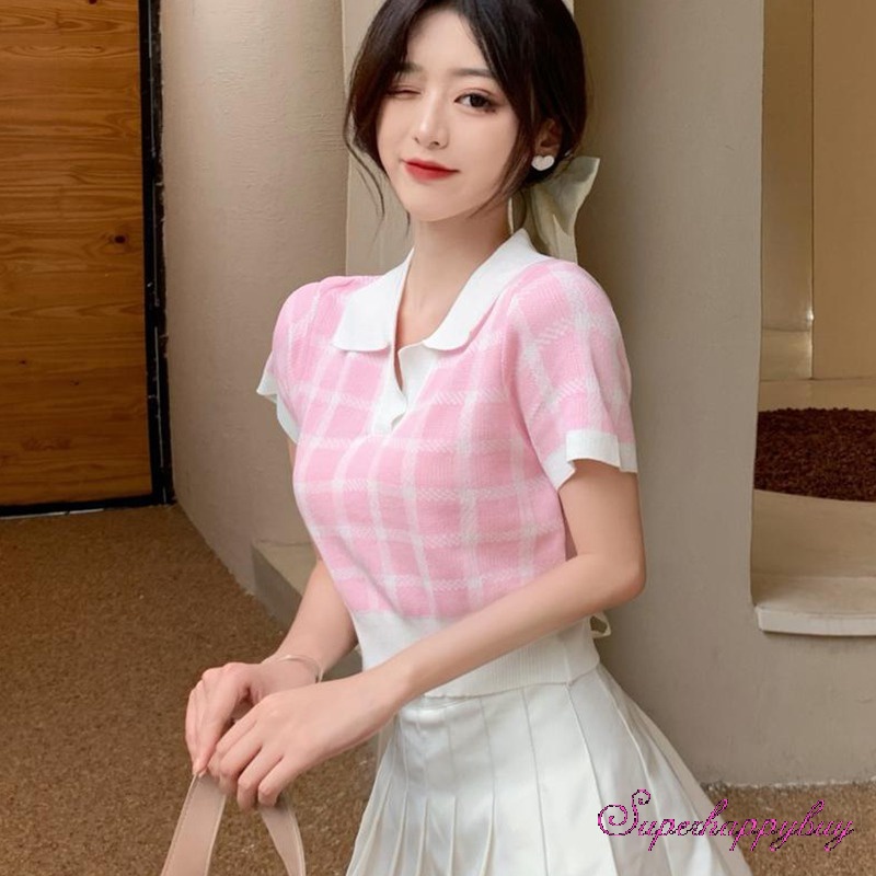 Áo Thun Dệt Kim Ngắn Tay Họa Tiết Sọc Caro Thời Trang Mùa Hè Cho Nữ