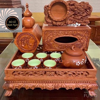 Bộ Khay Trà Gỗ Kèm Khay Bộ Ấm Sứ Bát Tràng 6 Món Cao Cấp
