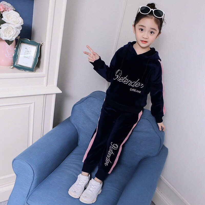 Bộ quần áo nỉ da cá thu đông &quot;DREAM&quot; 18-45kg cho bé gái 4-14 tuổi. Hoodie phối mũ xinh xắn. G33