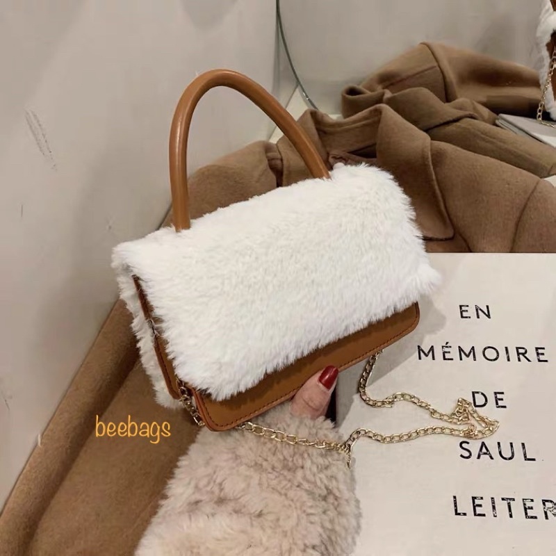 Túi Da Phối Lông Nữ Cầm Tay Dây Xích Sang Chảnh Phù Hợp Mọi Outfit | LC08 | Túi Nâu Kết Hợp Lông Sang Trọng Đi Chơi