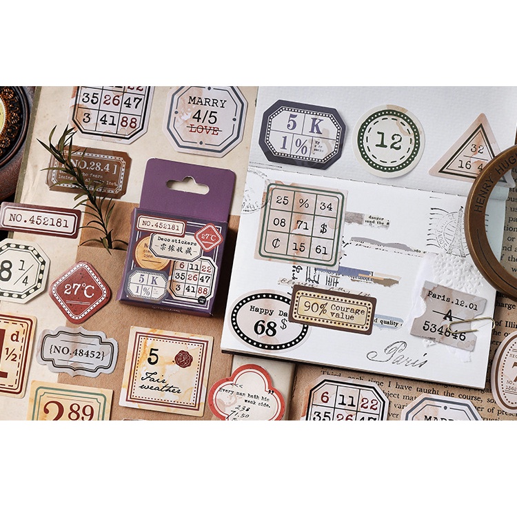 Hộp 45 Nhãn dán sticker Hình hoạ nâu cổ điển trang trí sổ tay bullet journal M590