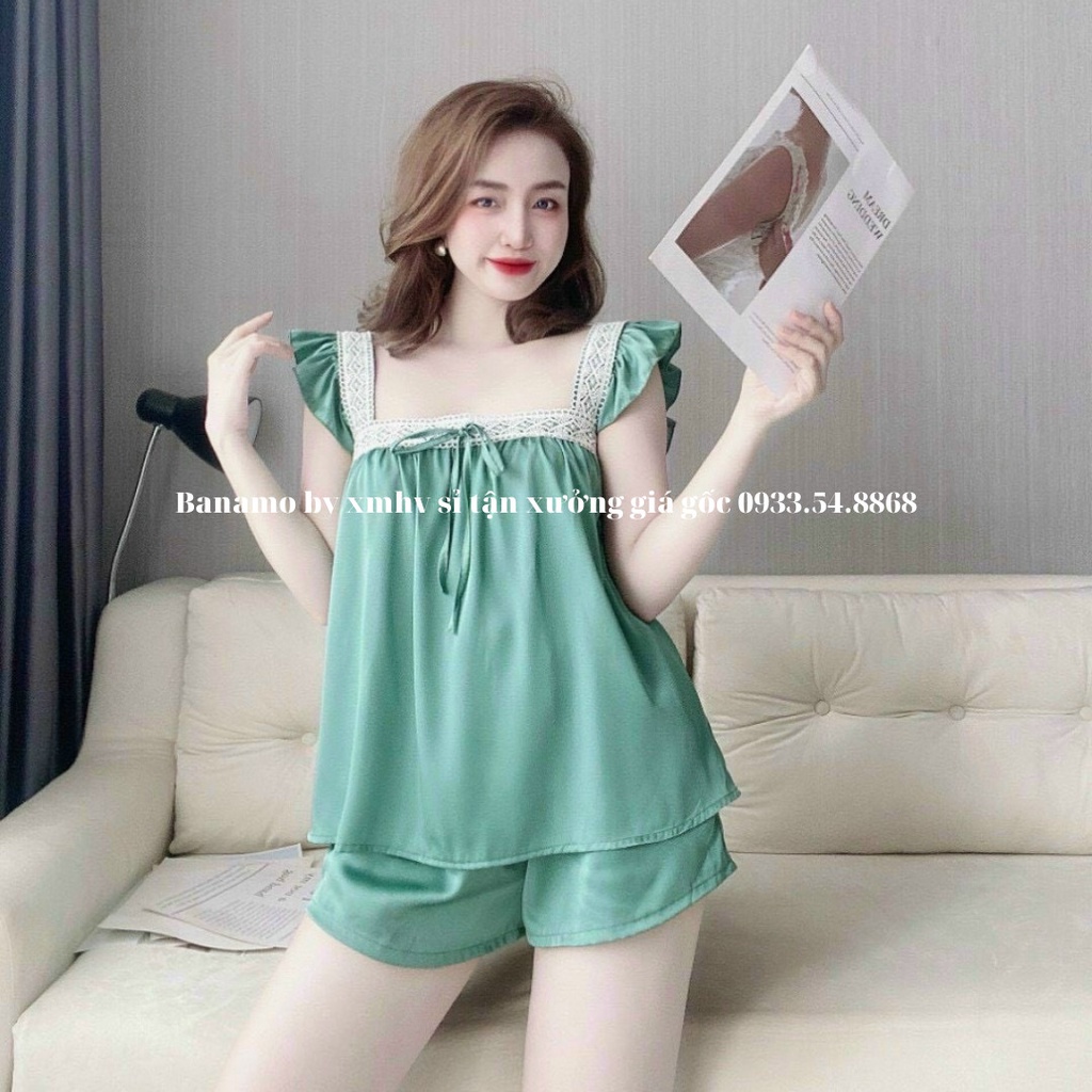 Bộ lụa satin phối ren cao cấp siêu đẹp thời trang Banamo fashion bộ lụa satin 174
