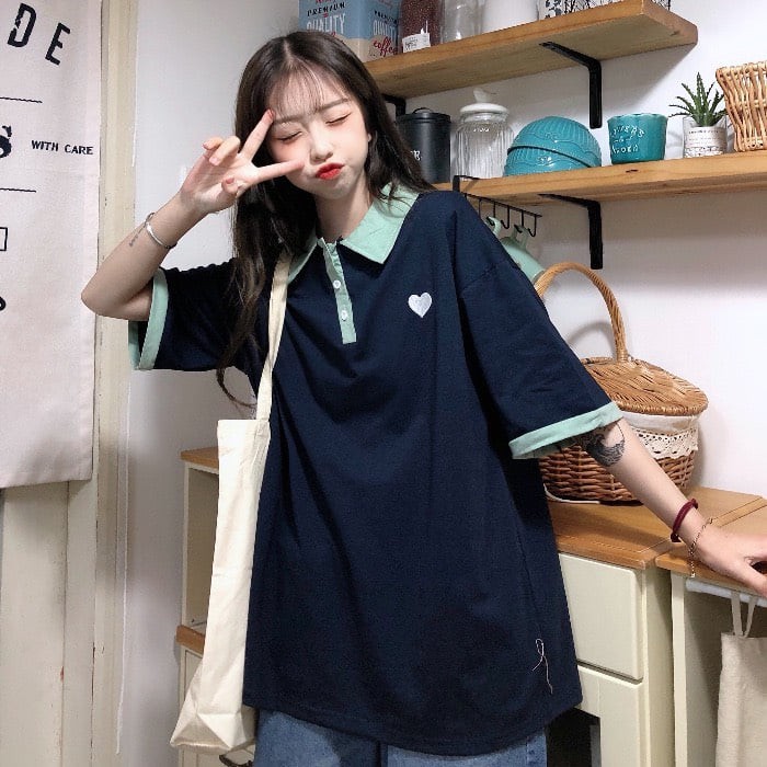 Áo polo nữ unisex tay lỡ form rộng trái tim oversize màu xanh đen - polo tim