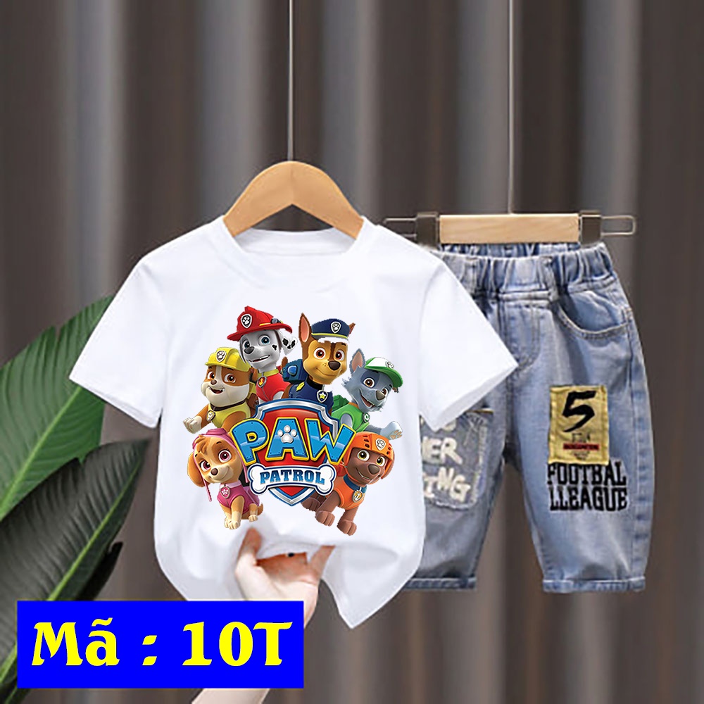 Bộ Áo Thun In Hình Chú Chó Cứu Hộ (2) + Quần Short Jean Cho Bé 0-10 Tuổi (8-35kg)