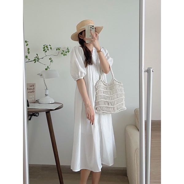 Đầm sơ mi nữ form rộng cổ V xếp ly ngực dọc 3 màu hot trend đi biển Kozoda D71