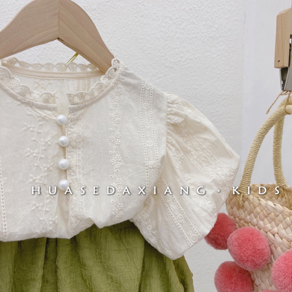 Bộ Áo Cổ Tròn Tay Phồng Thêu Họa Tiết + Quần Dài Phong Cách Nhật Hàn Thời Trang Mùa Hè Cho Bé Gái 2022