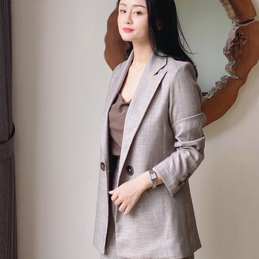 Áo khoác blazer nữ chất liệu linen bố dáng suông mát mẻ thanh lịch