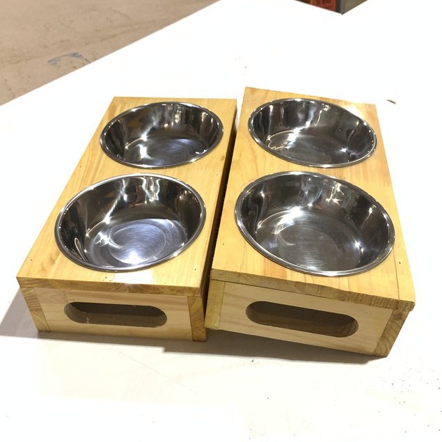 Khay ăn chó mèo băng gỗ siêu cứng chống nước + 2 chén inox  (3 size) Khay kèm bát ăn uống cho chó mèo
