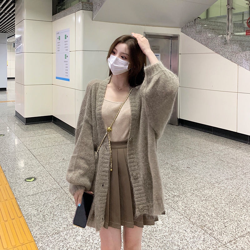 Set áo khoác Cardigan dệt kim + chân váy xếp ly thời trang nữ