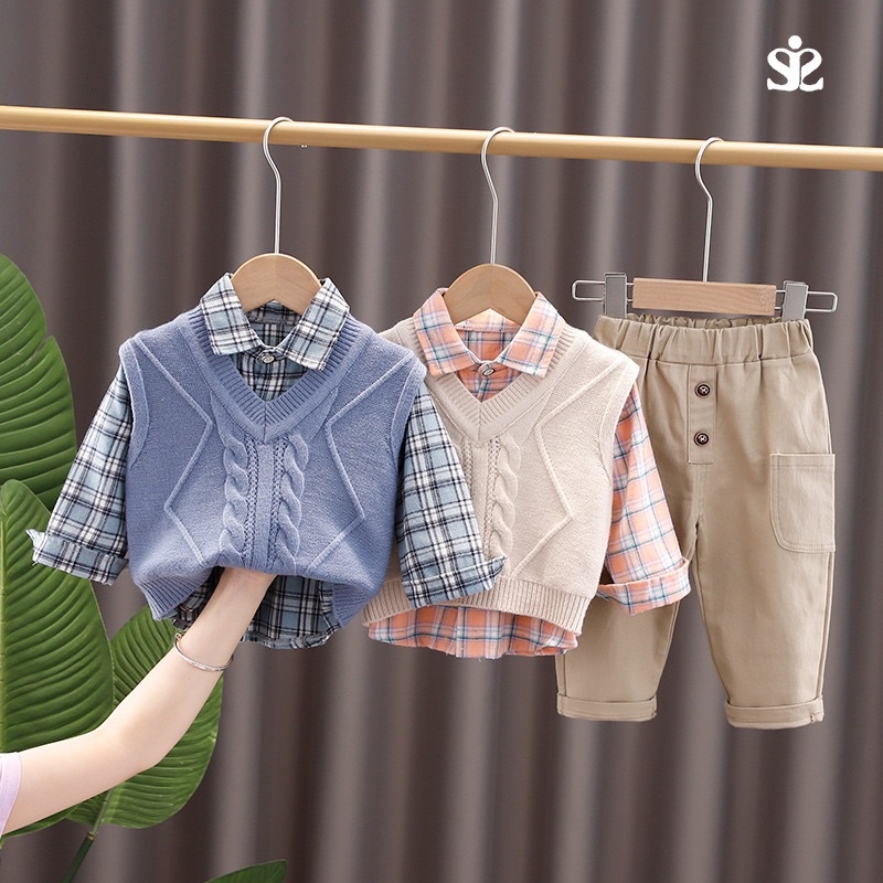 (Hàng ord 10-14days)BỘ ÁO LEN GILE ÁO SƠ MI THỜI TRANG CAO CẤP CHO BÉ TRAI THU ĐÔNG