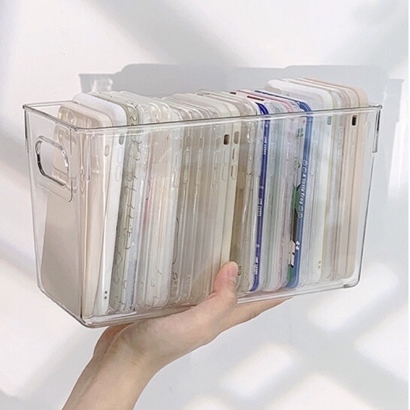 Khay đựng ốp điện thoại trong suốt đựng đồ dùng cá nhân có tay cầm tiện dụng để bàn