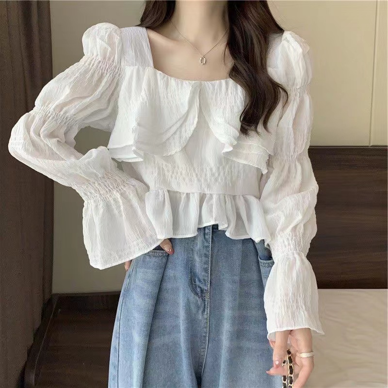 Áo kiểu IELGY tay dài cổ vuông chống nắng thời trang Pháp thịnh hành cho nữ