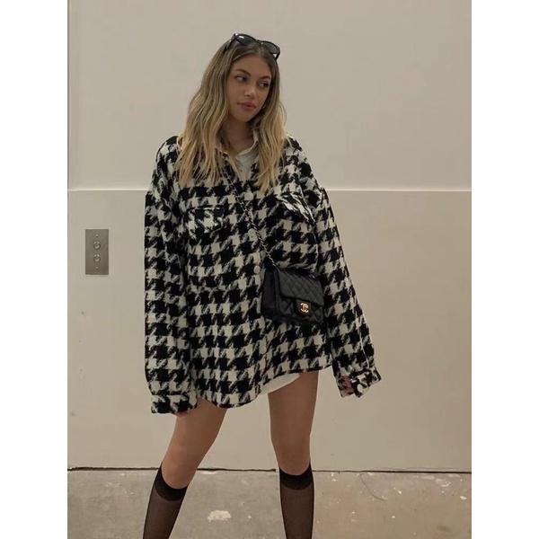 Áo khoác dạ sơmi hoạ tiết houndstooth răng cưa - Áo khoác dạ oversize chần bông (Ảnh thật ở cuối) | BigBuy360 - bigbuy360.vn