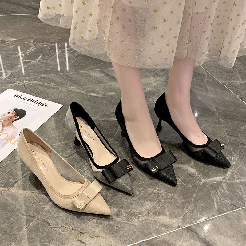 ☌▨™Single shoes women s mesh high heels 2021 new spring and autumn pointed toe stiletto black feminine temperament fairy