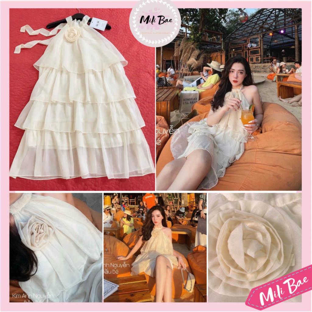 Váy Maxi Yếm Bèo Tầng Cổ Đính Hoa Voan Tơ Hai Lớp Chất Đẹp Đầm Nữ Đi Biển Babydoll Mili Bae (clip hình thật)