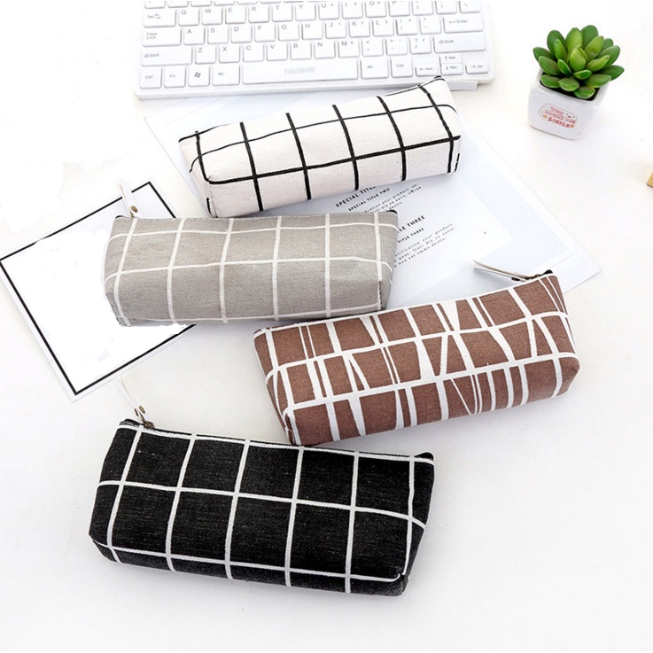 Túi đựng bút bằng vải canvas họa tiết kẻ sọc đơn giản sức chứa lớn có khóa kéo