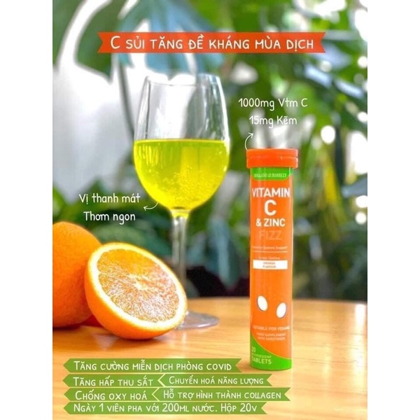 Viên sủi Vitamin C + Kẽm của Holland &amp; Barrett 20v