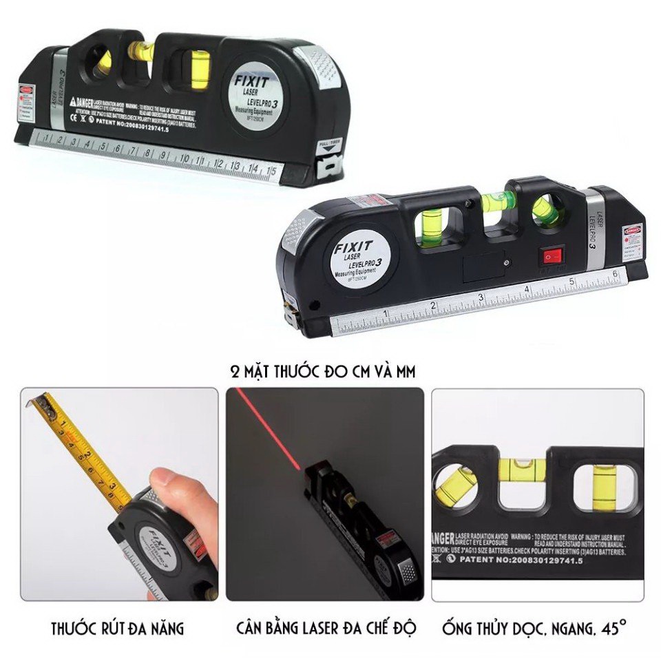 thước đo Laser kết hợp một thước đo băng, một bong bóng san lấp mặt bằng ba vị trí và mức laser vào một công cụ tiện lợi