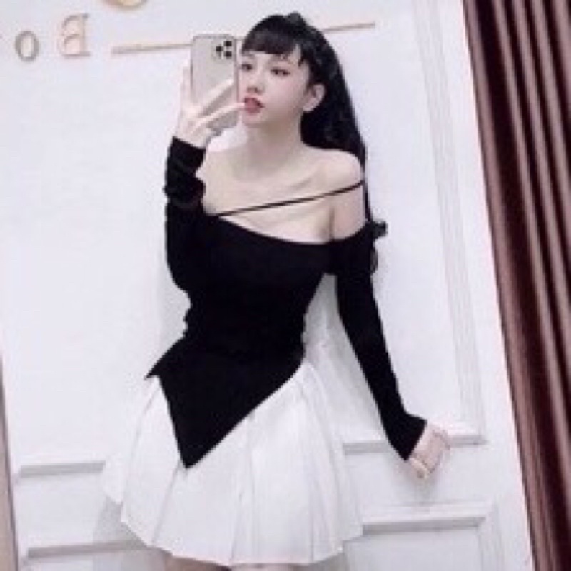 áo kiểu trễ vai tay dài nữ thun gân xịn màu trắng đen san chảnh-A42