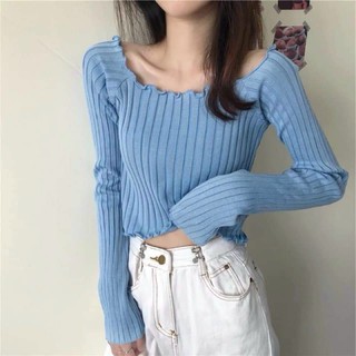 FMN Áo len gân viền bèo croptop muticolor nữ hot 14 5